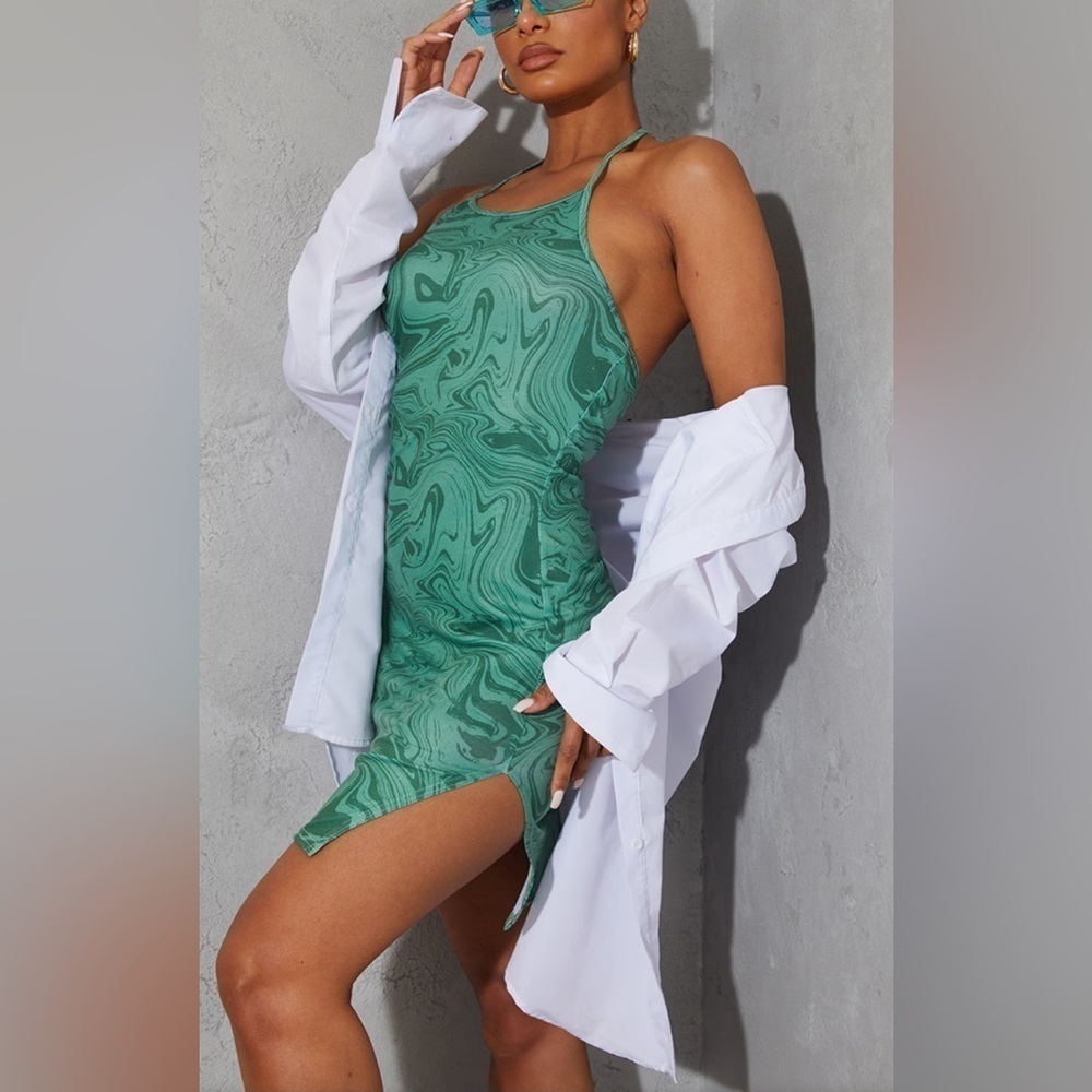 ♥️Pretty Little Thing Green Marble Halter Split Hem Bodycon Dress Women’s Sz 8